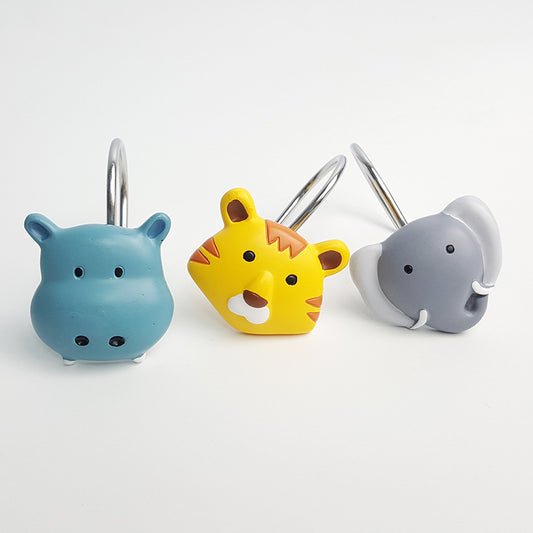 12Pcs Kids Cartoon Animal Shower Curtain Hooks Hippo Tiger Elephant 3 Type Big Animals