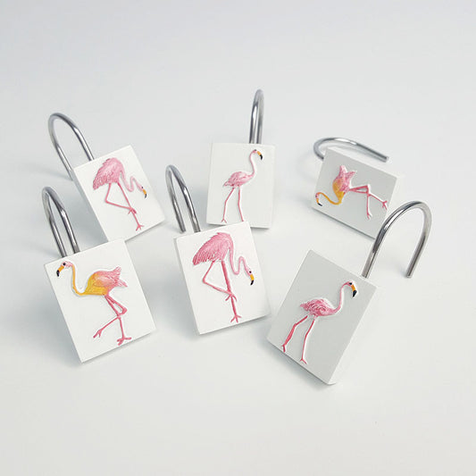 12Pcs Pink Flamingo Elegant Bird Rectangle Shower Curtain Hooks Rings 6 Types