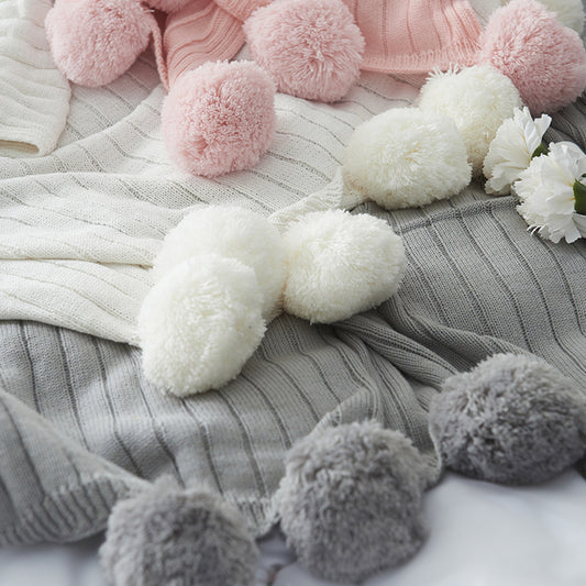 Cotton Girly Pompoms Fringe Solid Hypoallergenic Throw Blanket