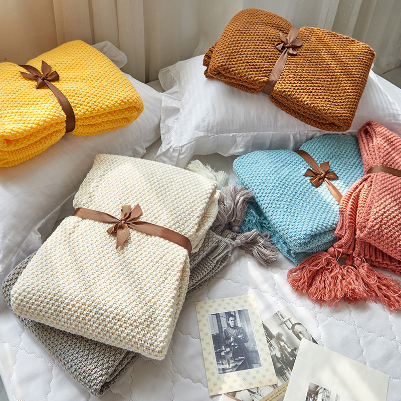 Multi-Color Fluffy Woven Home Decor Throw with Tassel Throw Blanket