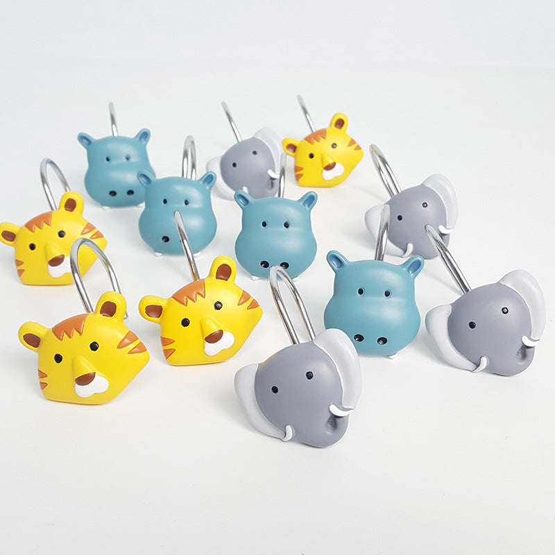 12Pcs Kids Cartoon Animal Shower Curtain Hooks Hippo Tiger Elephant 3 Type Big Animals