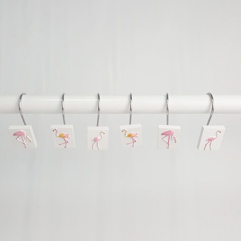 12Pcs Pink Flamingo Elegant Bird Rectangle Shower Curtain Hooks Rings 6 Types