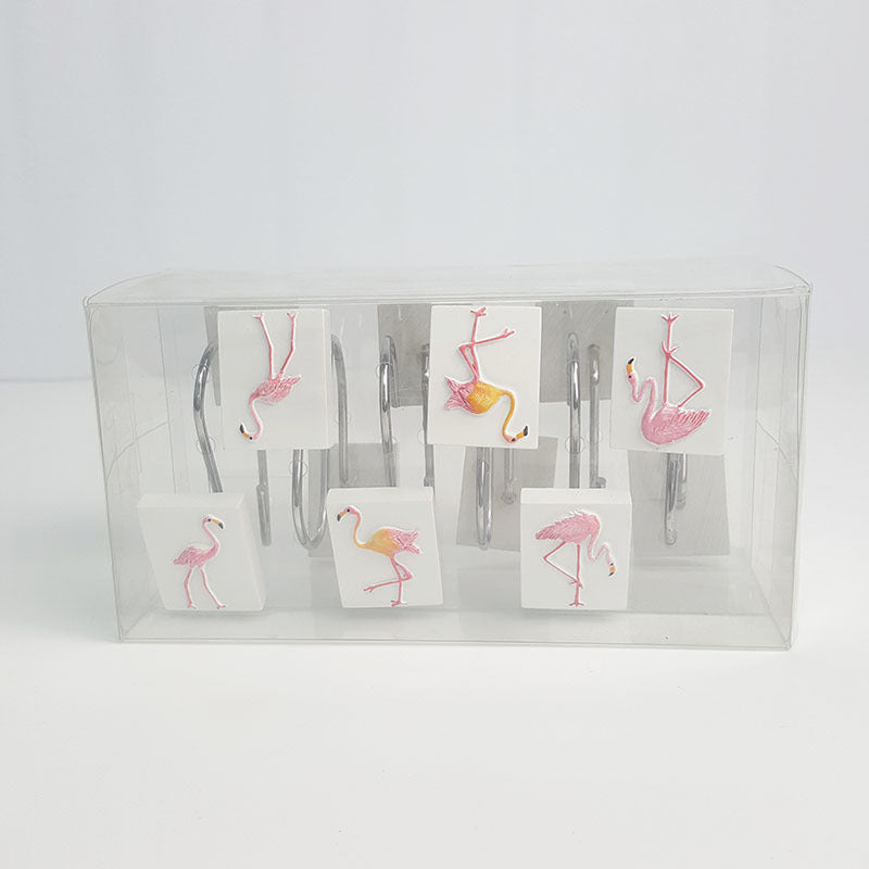 12Pcs Pink Flamingo Elegant Bird Rectangle Shower Curtain Hooks Rings 6 Types