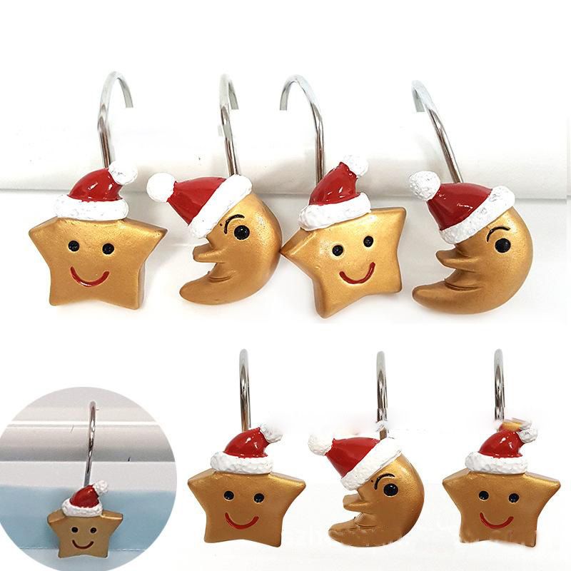 Lot de 12 crochets de rideau de douche en forme d'étoile dorée et de lune