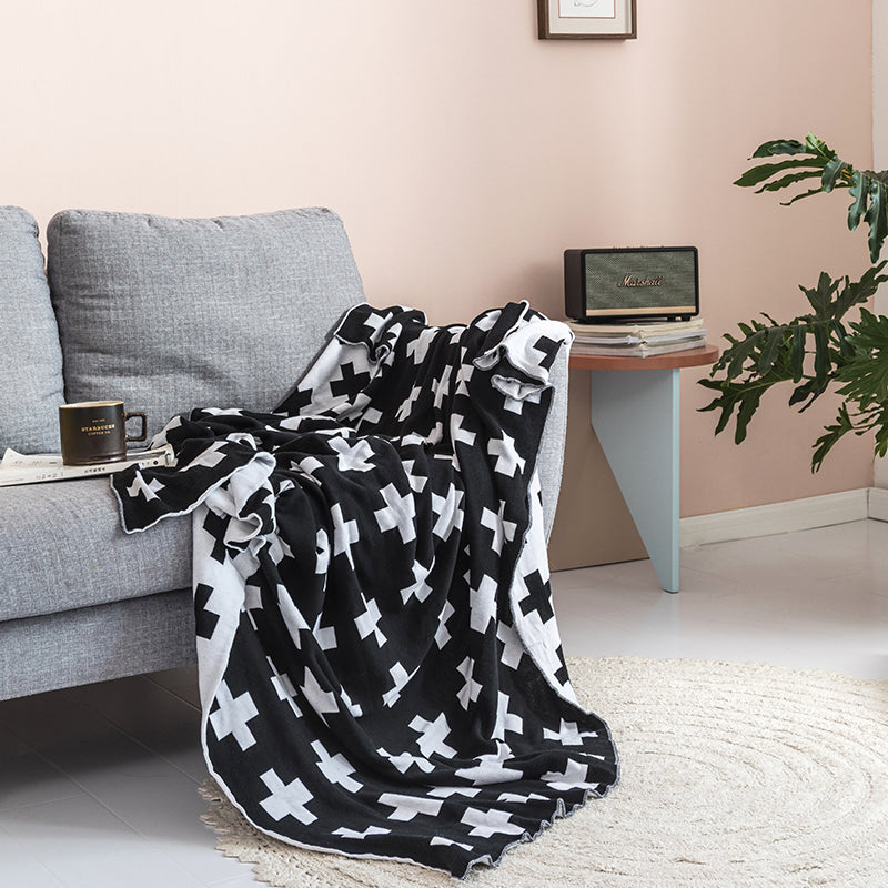 Lightweight Black and White Swiss Cross Pattern 100% Cotton Knit Throw Blanket