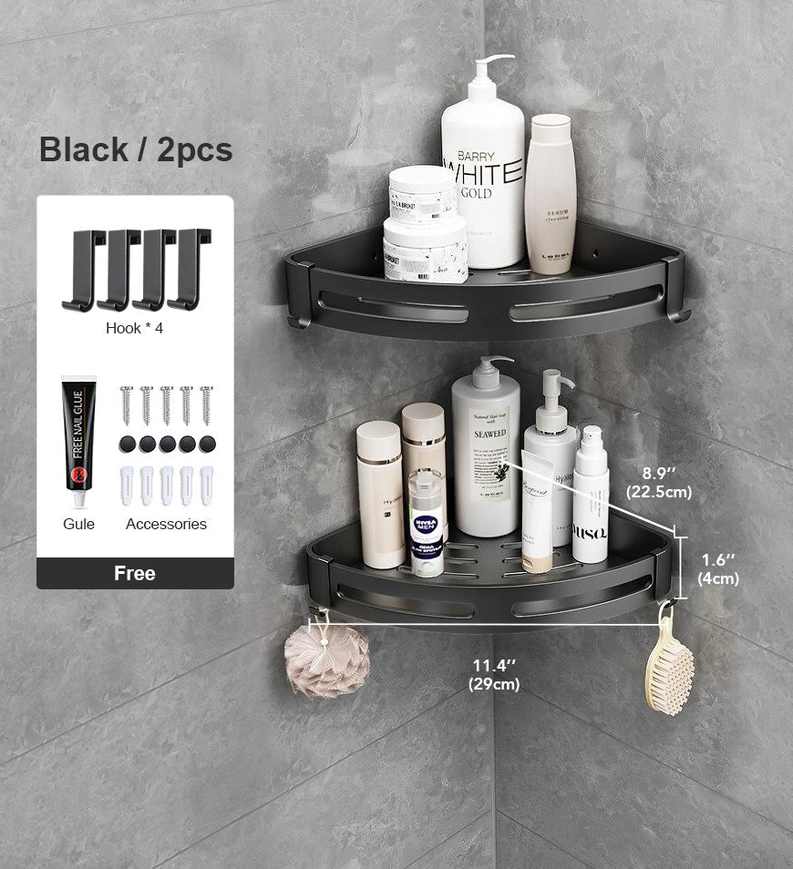 2 Pack - Black - Stainless Steel Floating Corner Shower Caddy Shelf with Hooks