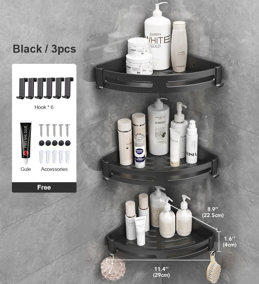 3 Pack - Black- Stainless Steel Floating Corner Shower Caddy Shelf with Hooks