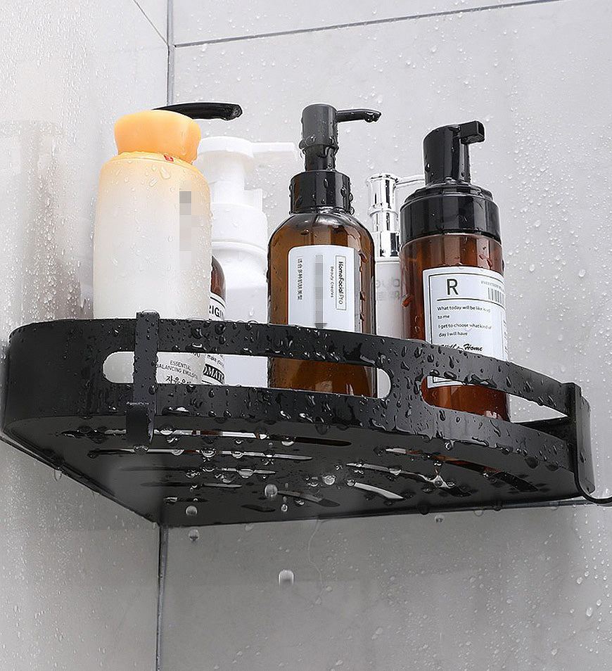 Waterproof Black Stainless Steel Floating Corner Shower Caddy Shelf with Hooks