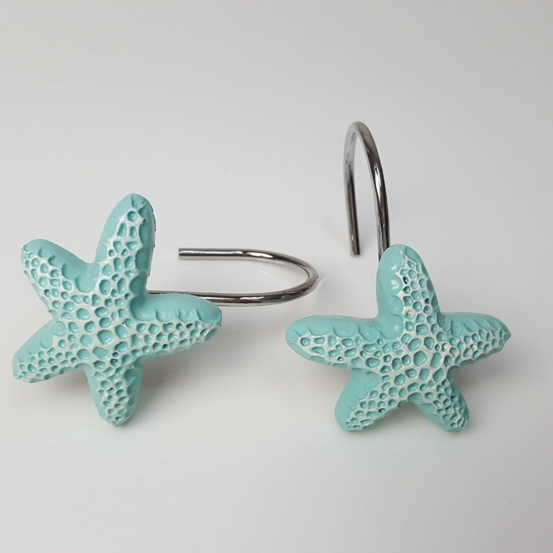 12Pcs Nautical Sea Creatures Teal Starfish Shower Curtain Hooks Rings