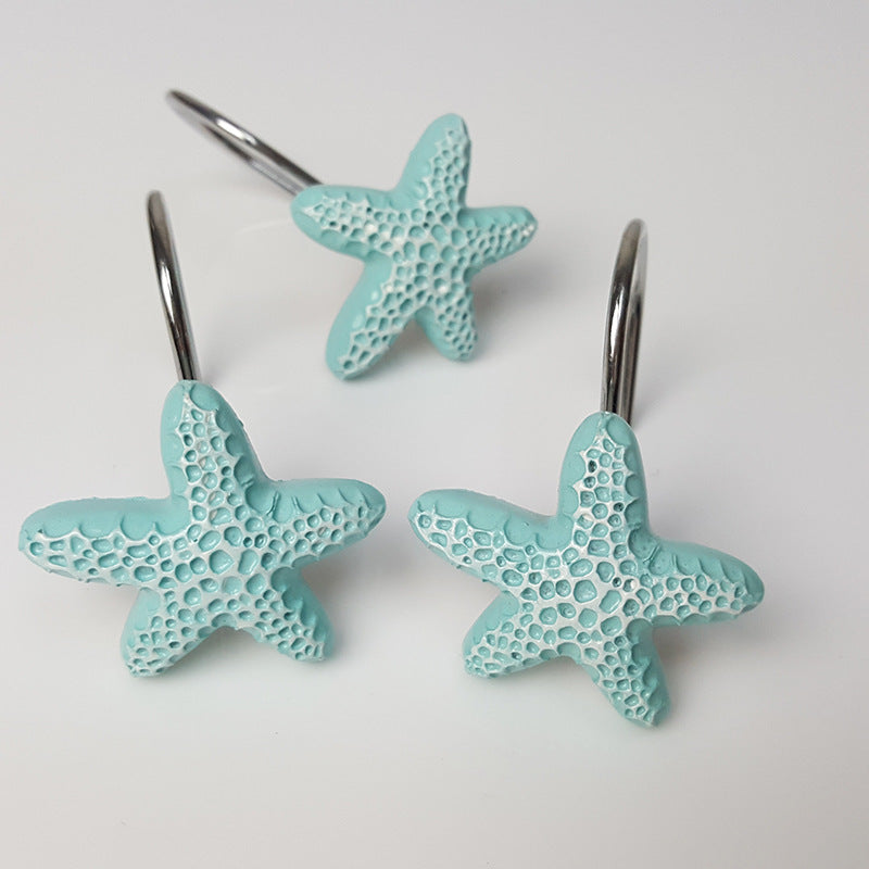 12Pcs Nautical Sea Creatures Teal Starfish Shower Curtain Hooks Rings