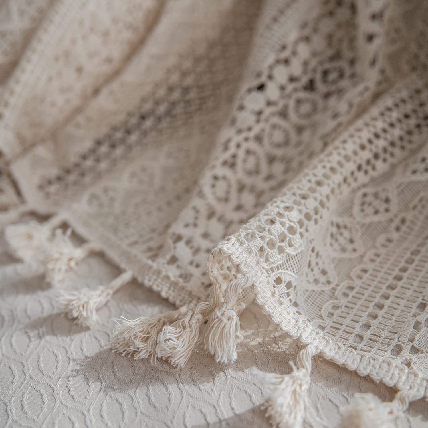 2 Panels Boho Crochet Curtains Windows Semi Sheer with Tassel