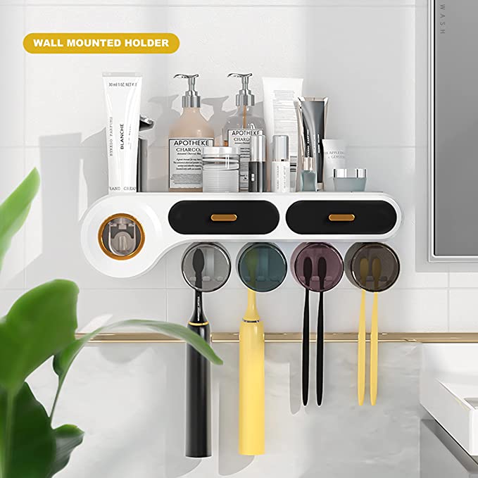 2/4 Cups Wall Mounted Toothbrush Holder with Squeezer and Drawer