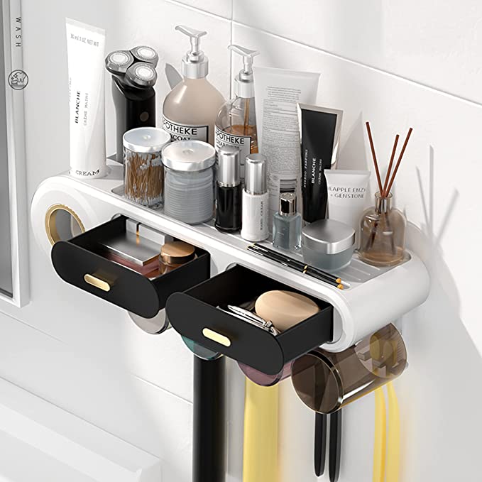 2/4 Cups Wall Mounted Toothbrush Holder with Squeezer and Drawer