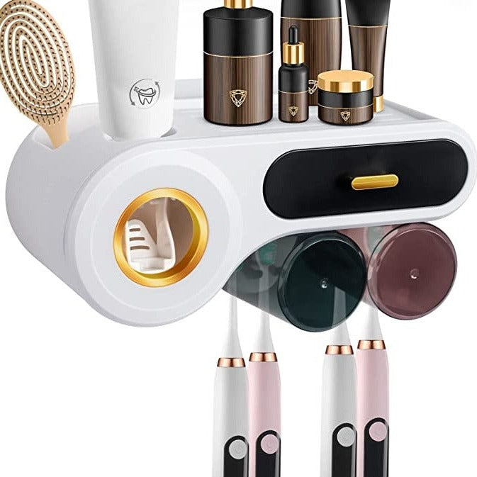 2 Cups Wall Mounted Toothbrush Holder with Squeezer and Drawer