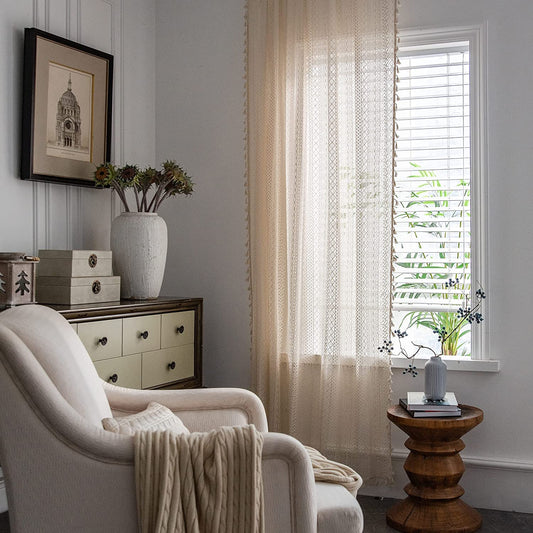 2 Panels Boho Crochet Curtains Windows Semi Sheer with Tassel