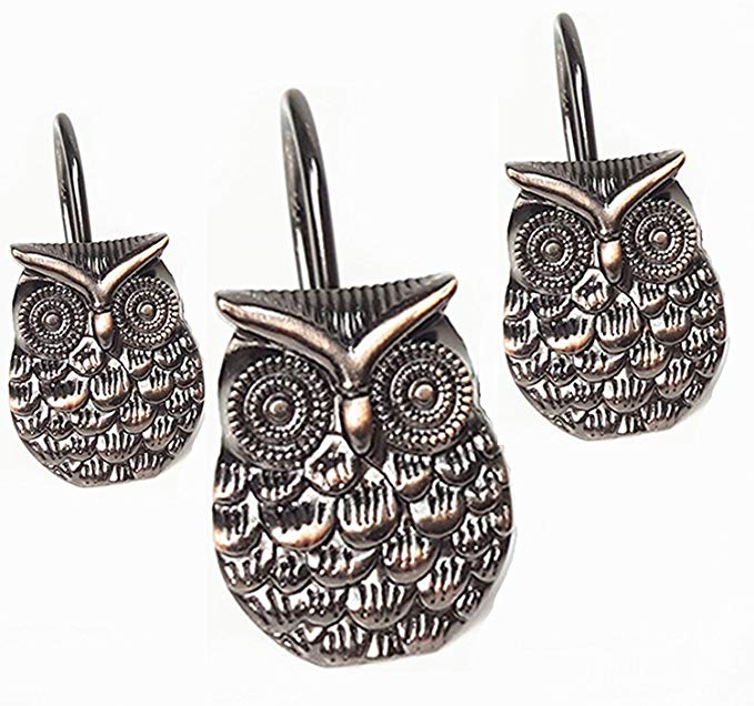 Antique 12PCS Bronze Finish Owl Shower Curtain Rings Hooks