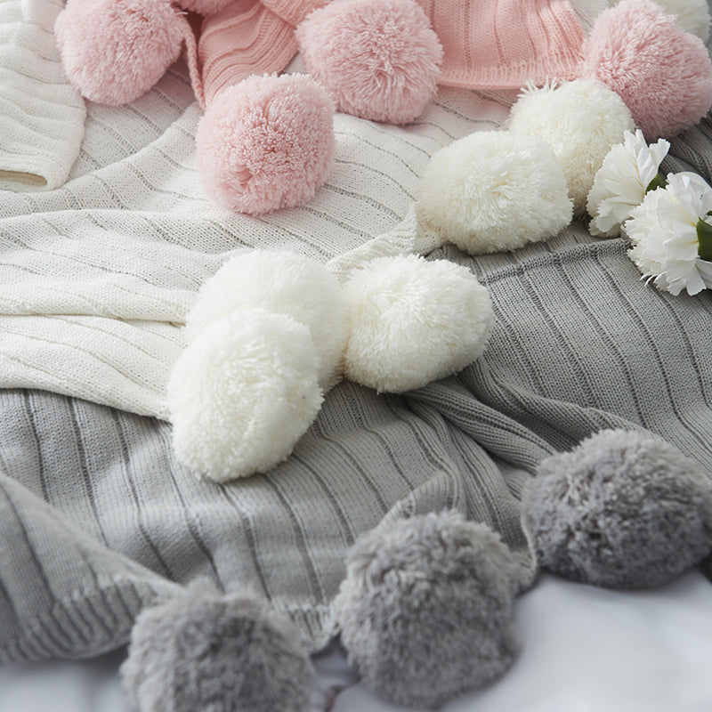Cotton Girly Pompoms Fringe Solid Hypoallergenic Throw Blanket