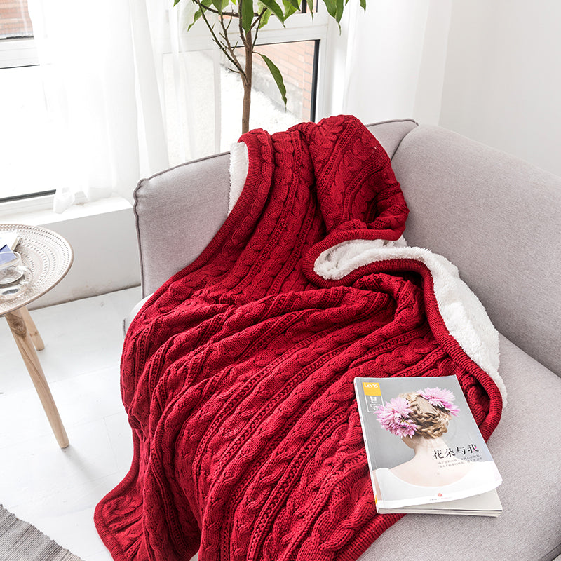 Red Color Chunky Knit 2 Sides Acrylic Yarn Plush Soft Sherpa Throw Blanket