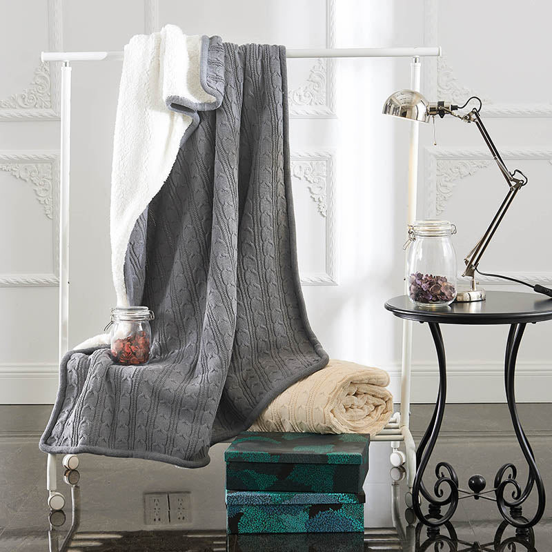 Solid Color Cotton Knit AB Sides Sherpa Sofa Bed Blanket