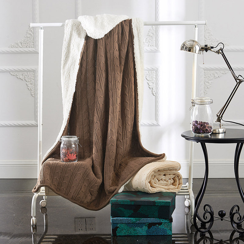 Solid Color Cotton Knit AB Sides Sherpa Sofa Bed Blanket